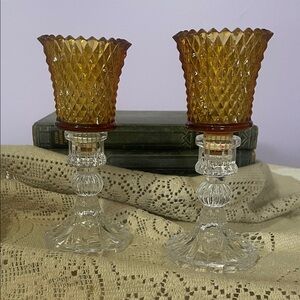 Amber Glass Candle Holders with clear base